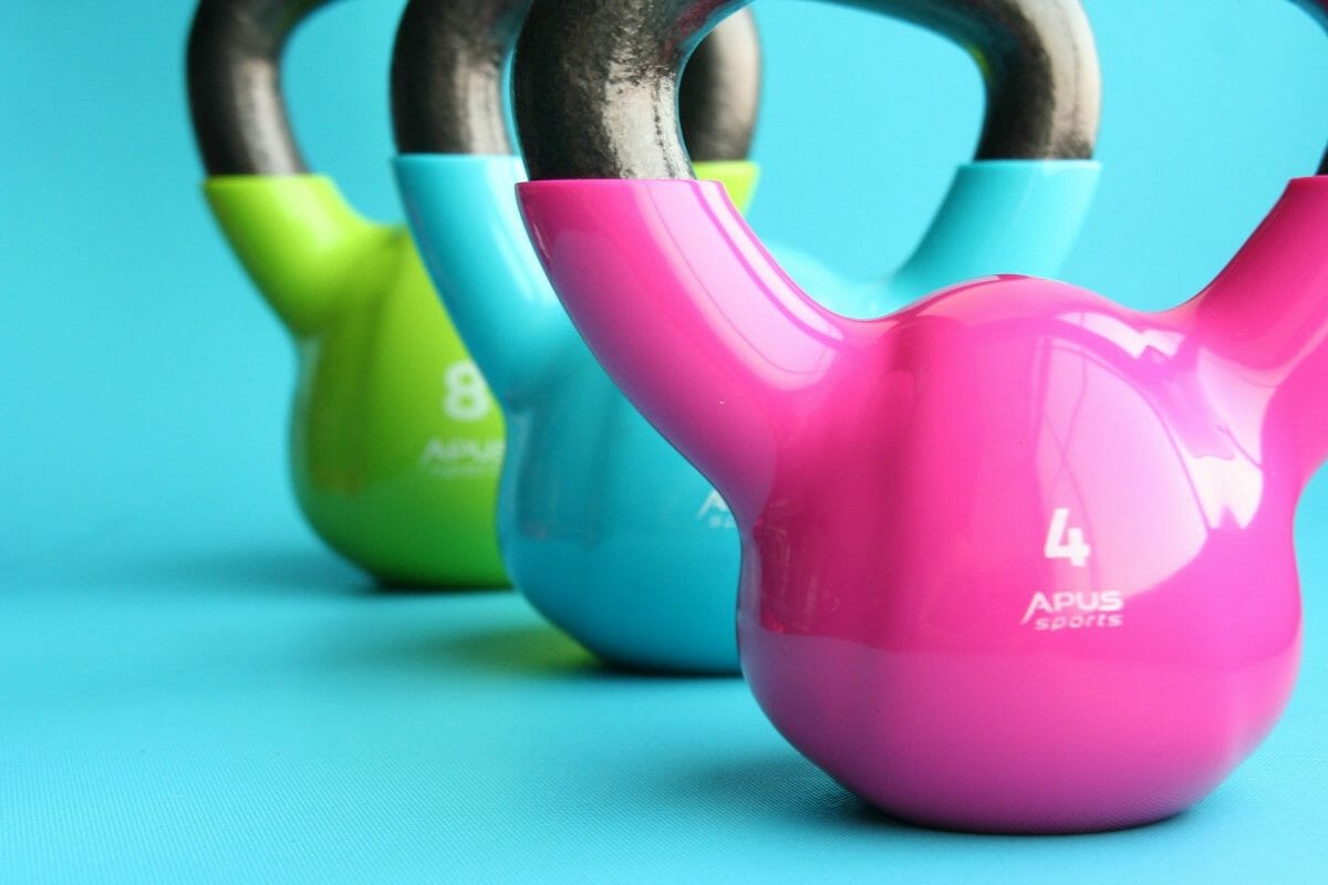 gym kettlebells, green, blue,pink