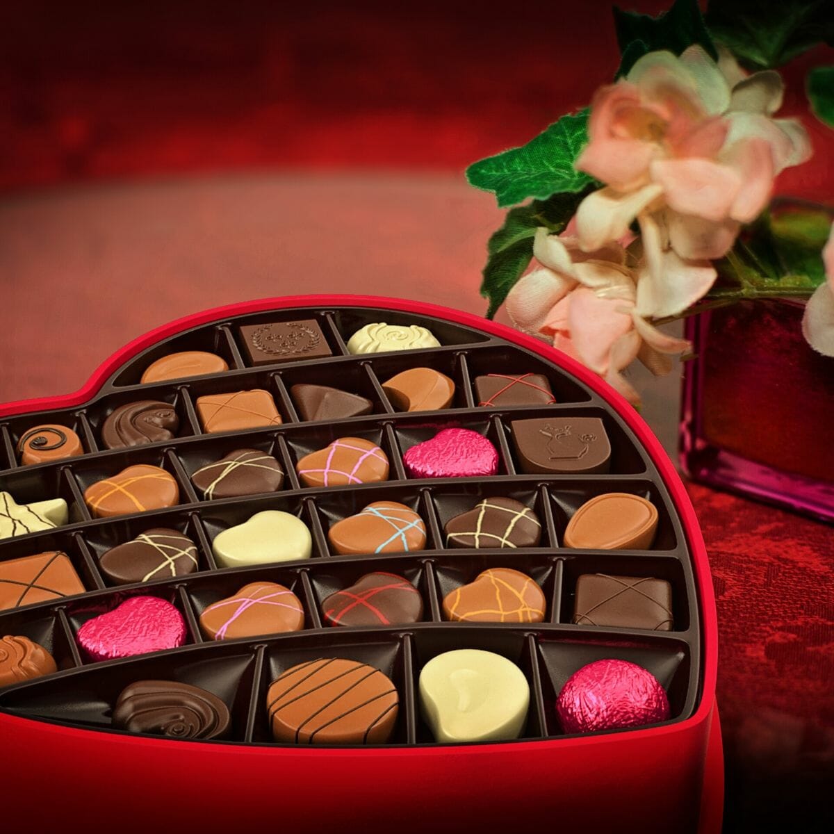 valentine's day chocolates in a heart shaped box